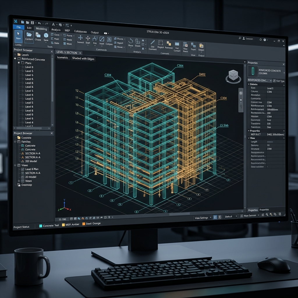 Modelo BIM detallado de ingeniería y arquitectura tridimensional en pantalla